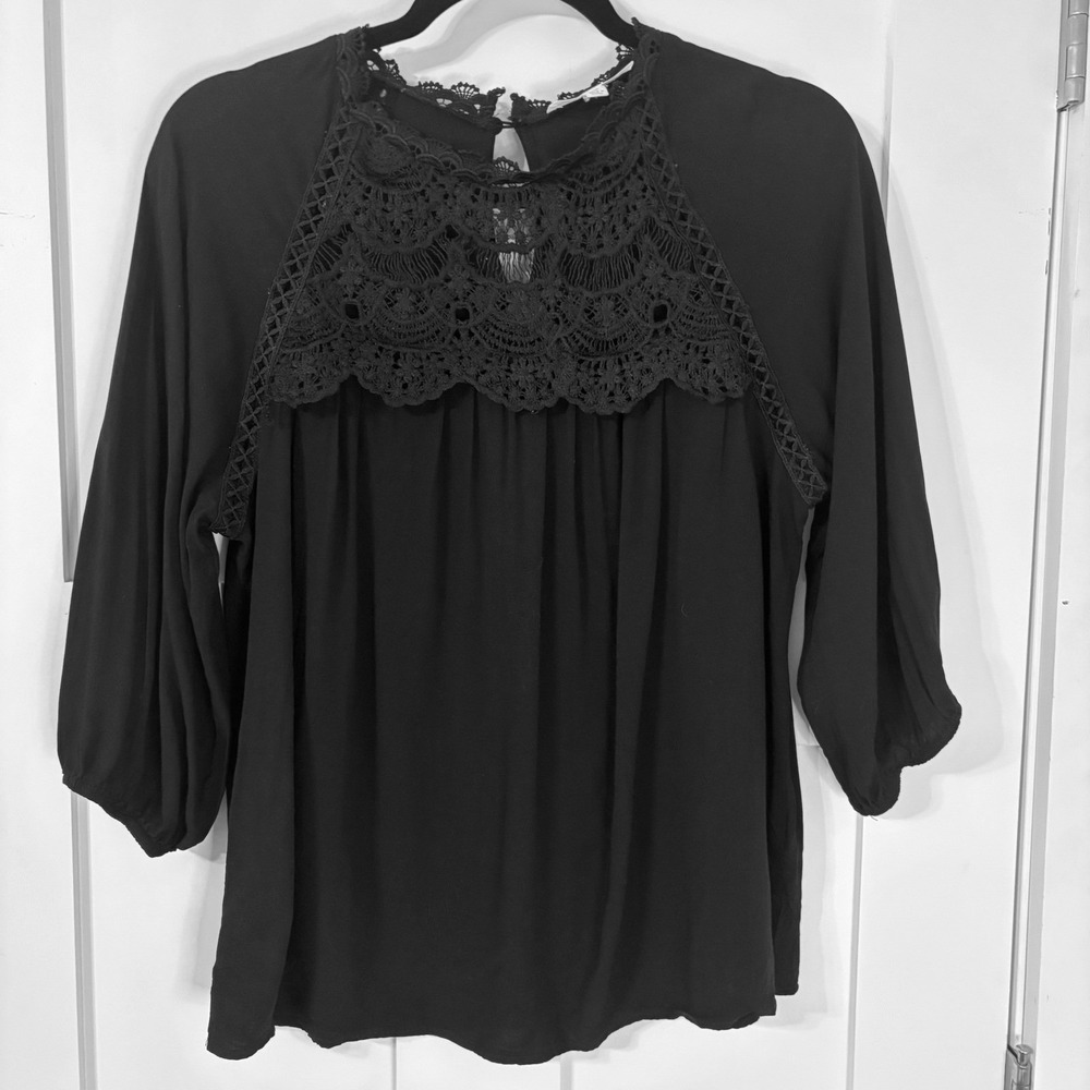 FSL Apparel Black Crochet‎ Lace Bib Blouse 3/4 Balloon Sleeve M Boho Whimsigoth